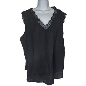 Womens 3XL Black Lace Trim Sleeveless Blouse Sheer High Low Plus Minimal Chic‎